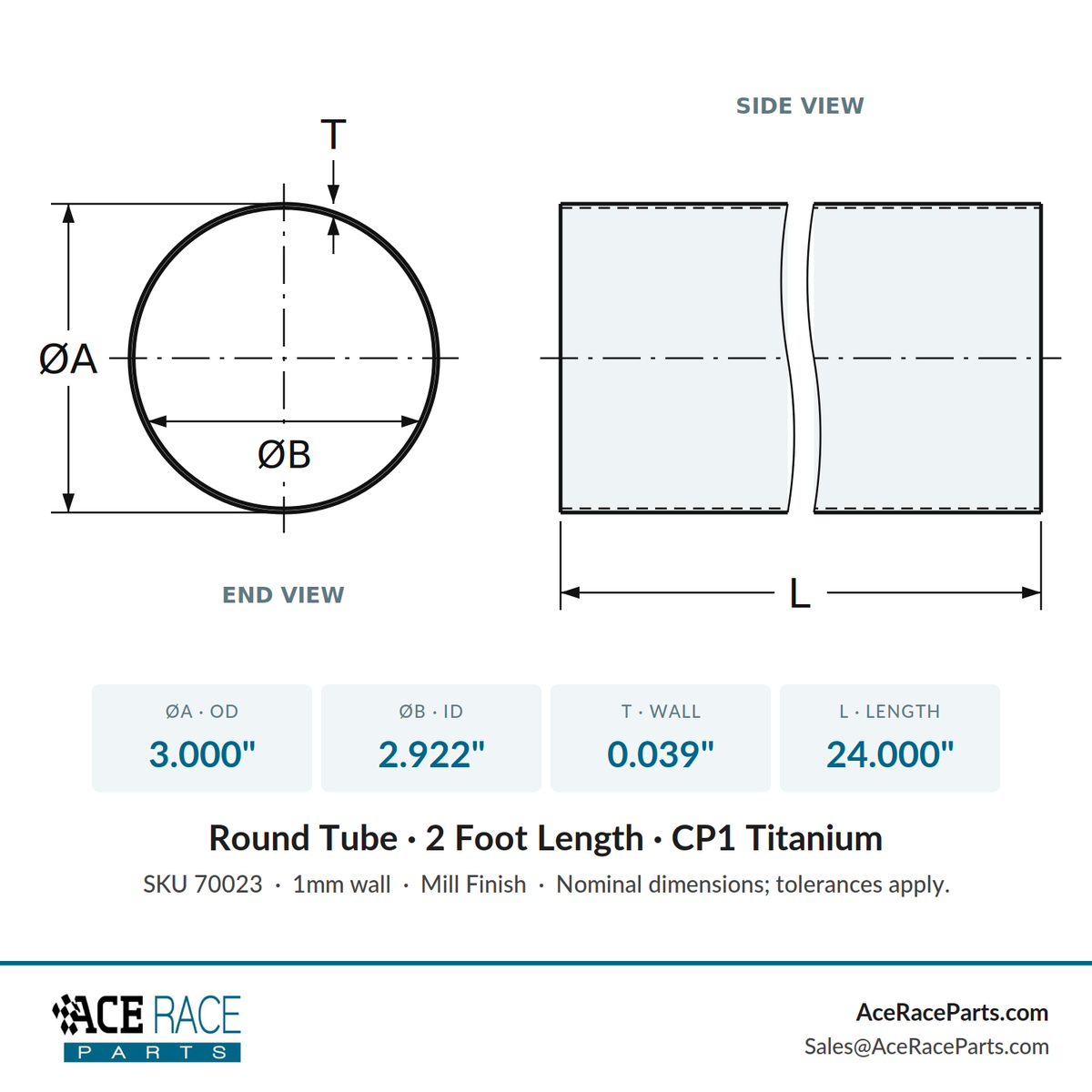 3.000" OD x 0.039" (1mm) Wall Tube CP1 Titanium - 2 Foot Length