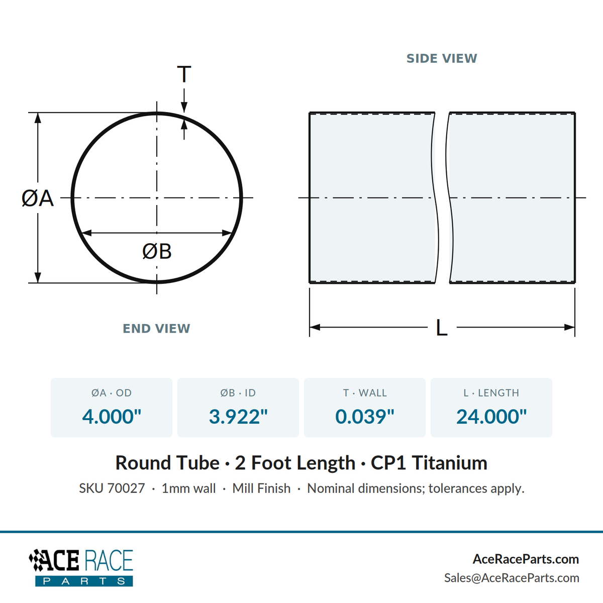 4.000" OD x 0.039" (1mm) Wall Tube CP1 Titanium - 2 Foot Length