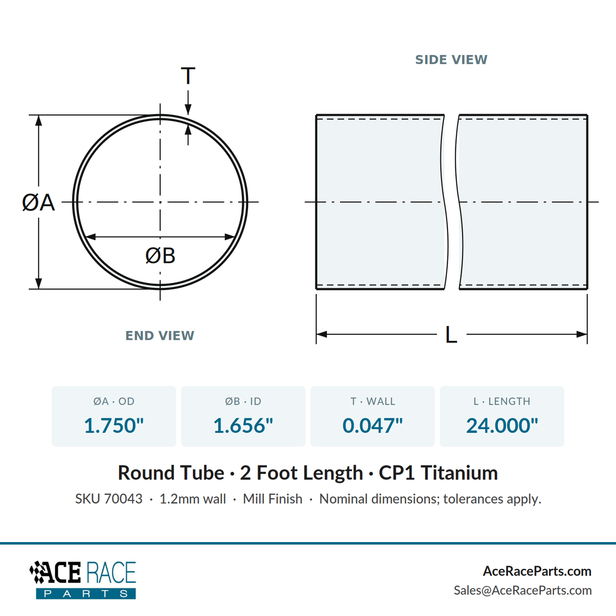 1.750" OD x 0.047" (1.2mm) Wall Tube CP1 Titanium - 2 Foot Length