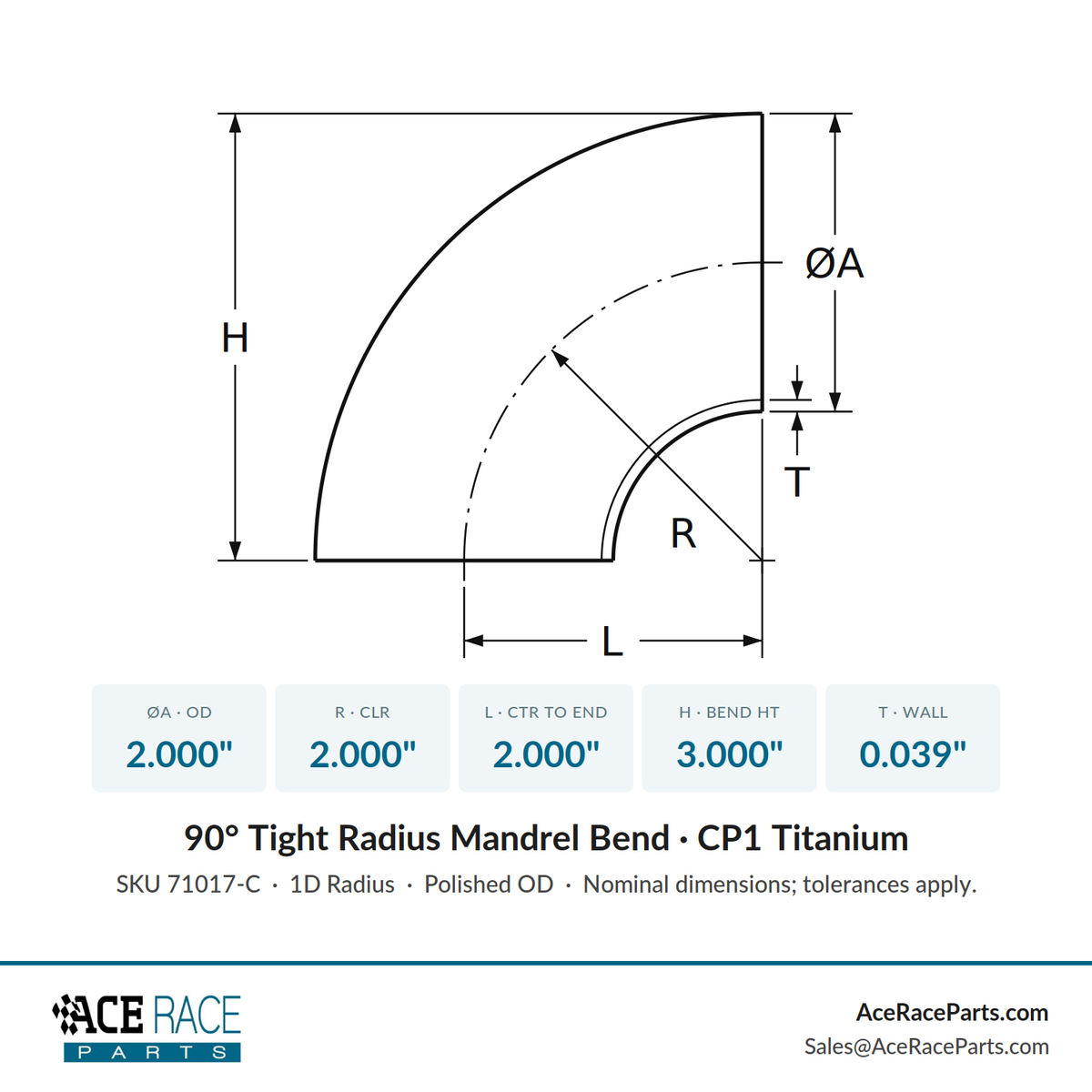 2.000" OD x 0.039" (1mm) Tight Radius 90° Mandrel Bend - (2.000" CLR) - CP1 Titanium