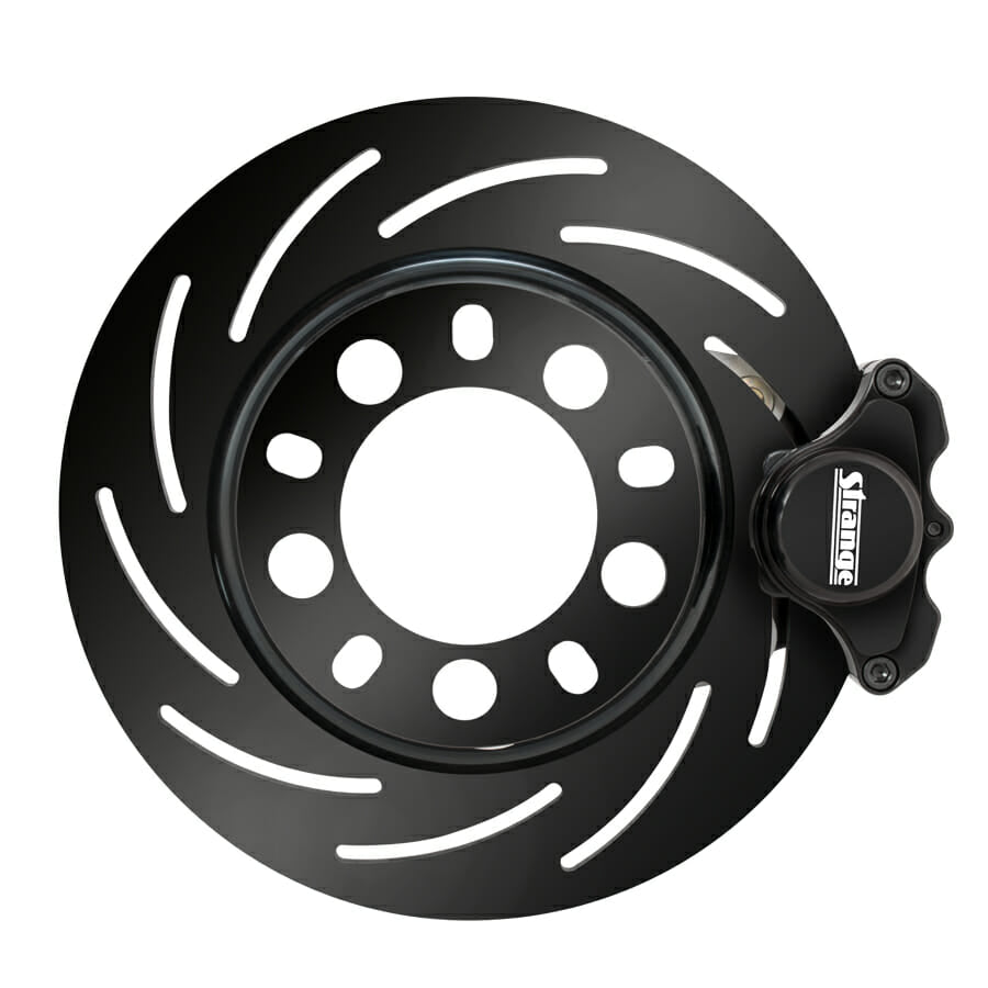 Strange Pro Series M/D Front Brake Kit For 1994-2004 Mustang Reusing OEM Hubs 1 Pc Rotors, 2 Piston Calipers & Semi Metallic Pads