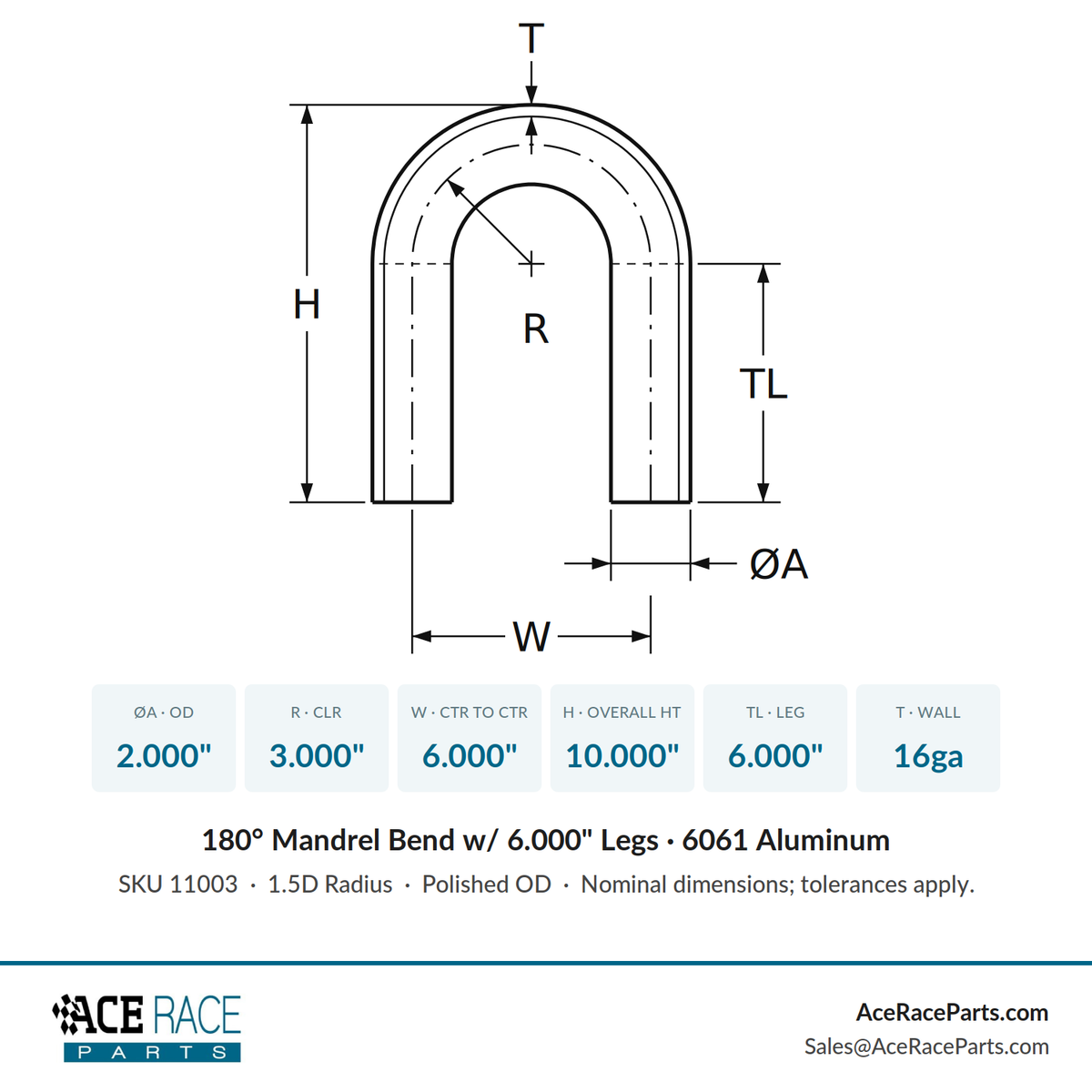 2.000" OD 16ga 180° Mandrel Bend - Polished OD - 6061 Aluminum - (3.000" CLR / 6.000" Legs)