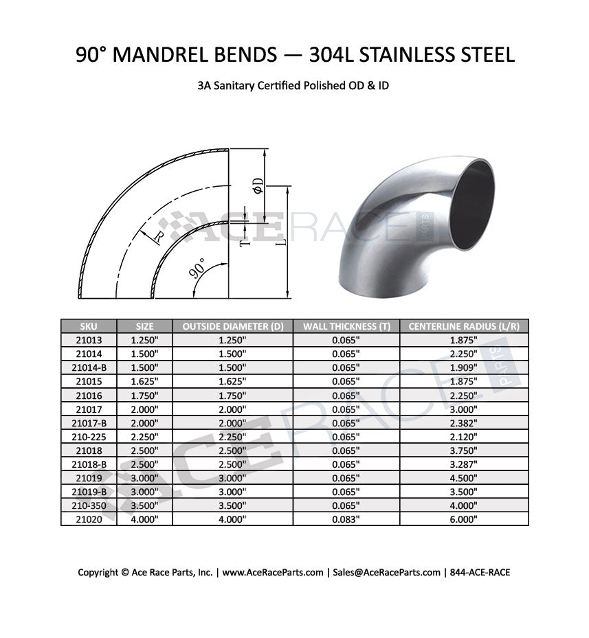 4.000" 14ga 90° Mandrel Bend - (6.000" CLR) - Brushed Finish - 304 Stainless