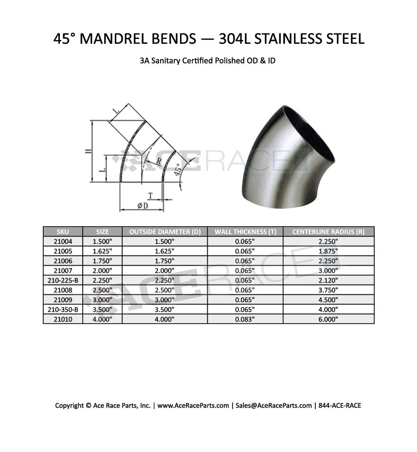 4.000" 14ga 45° Mandrel Bend - (6.000" CLR) - Brushed Finish - 304 Stainless