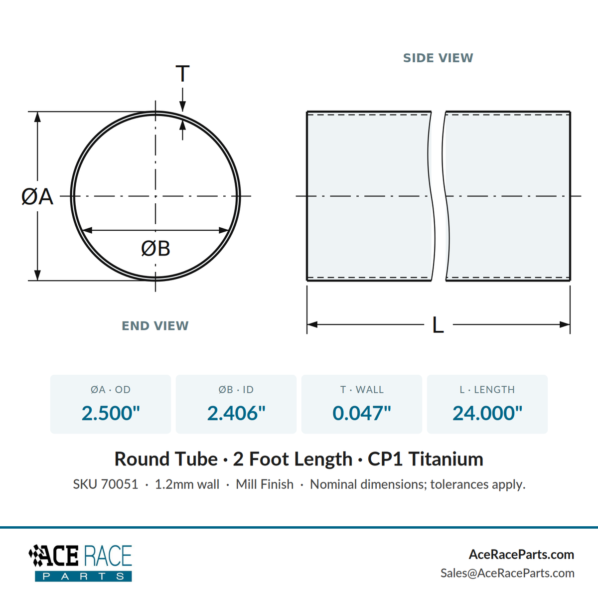 2.500" OD x 0.047" (1.2mm) Wall Tube CP1 Titanium - 2 Foot Length