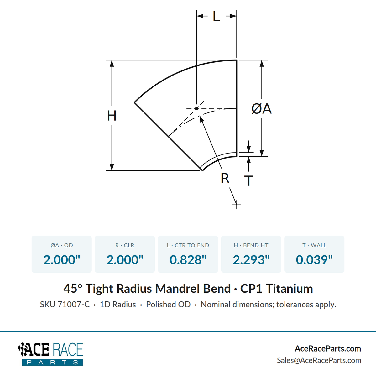 2.000" OD x 0.039" (1mm) Tight Radius 45° Mandrel Bend - (2.000" CLR) - CP1 Titanium