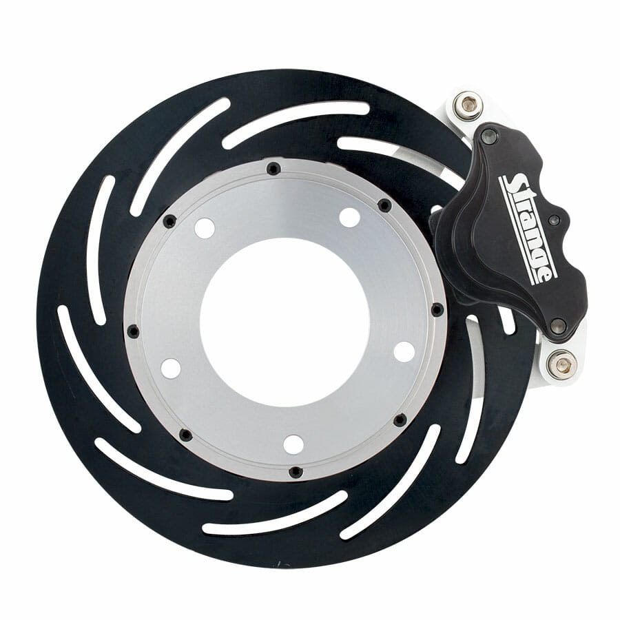 Strange Pro II Spindle Mount Brake Kit For Strange Altered Ultra Struts 2 Pc Rotors, Single Piston Calipers & Semi Metallic Pads