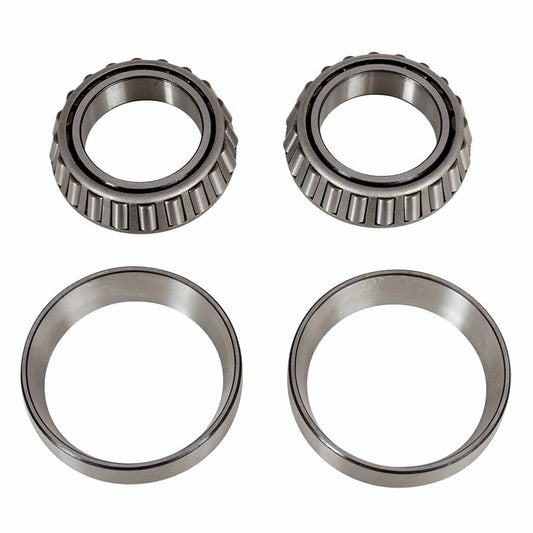 A set of four metal bearings, two with a ribbed outer edge and two with a flat outer edge, likely made of steel or another durable metal, intended for use in vehicle differentials.