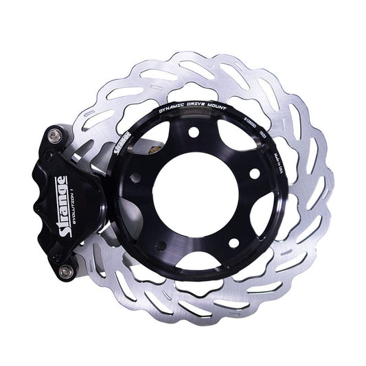 Strange Evolution 1 Dynamic Drive Mount Front Brake Kit For Strange Ultra Struts & Penske Struts Evolution S Rotors, Single Piston Evolution 1 Calipers & DTC-30 Semi Metallic Pads